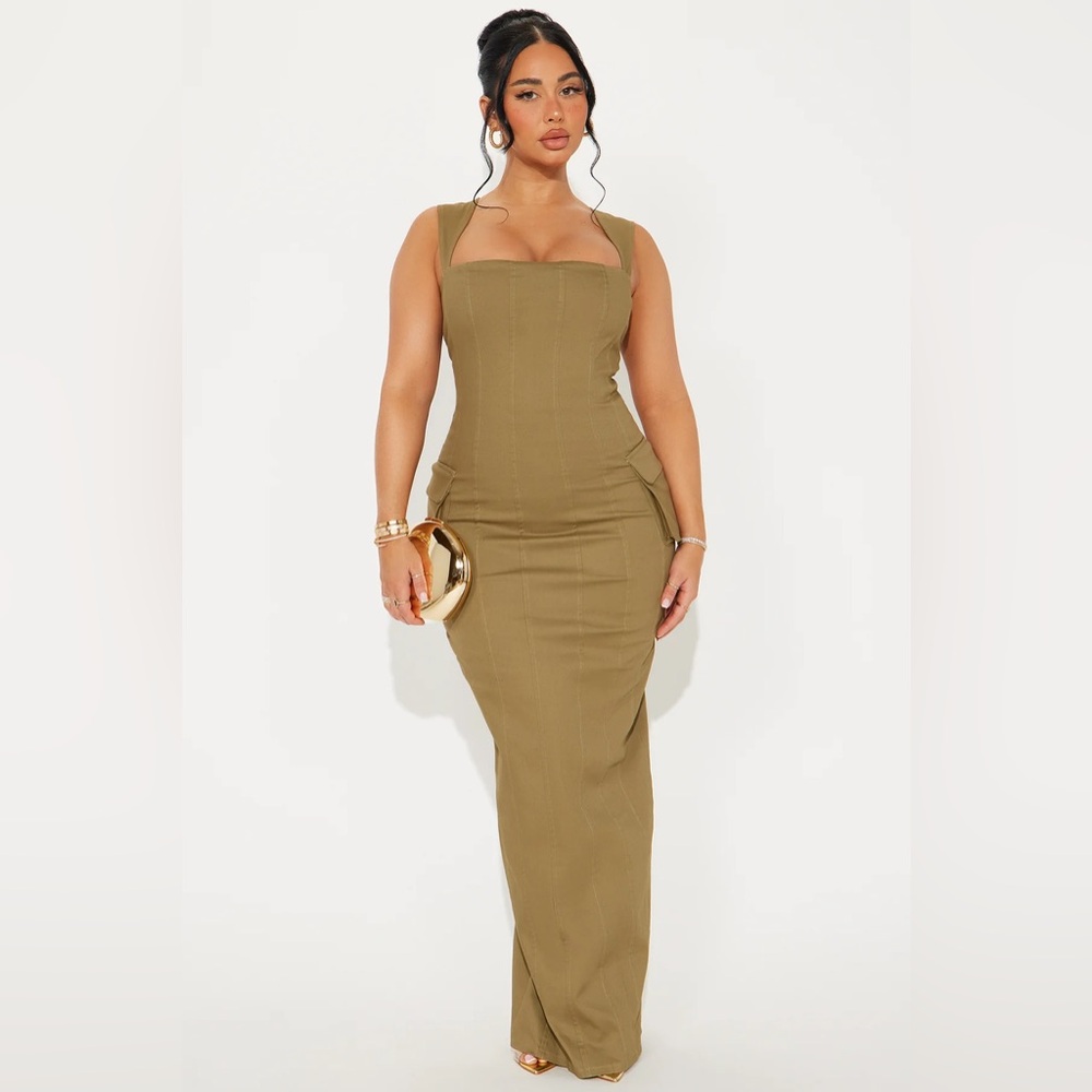 Olive Green Cargo Bodycon Midi Dress